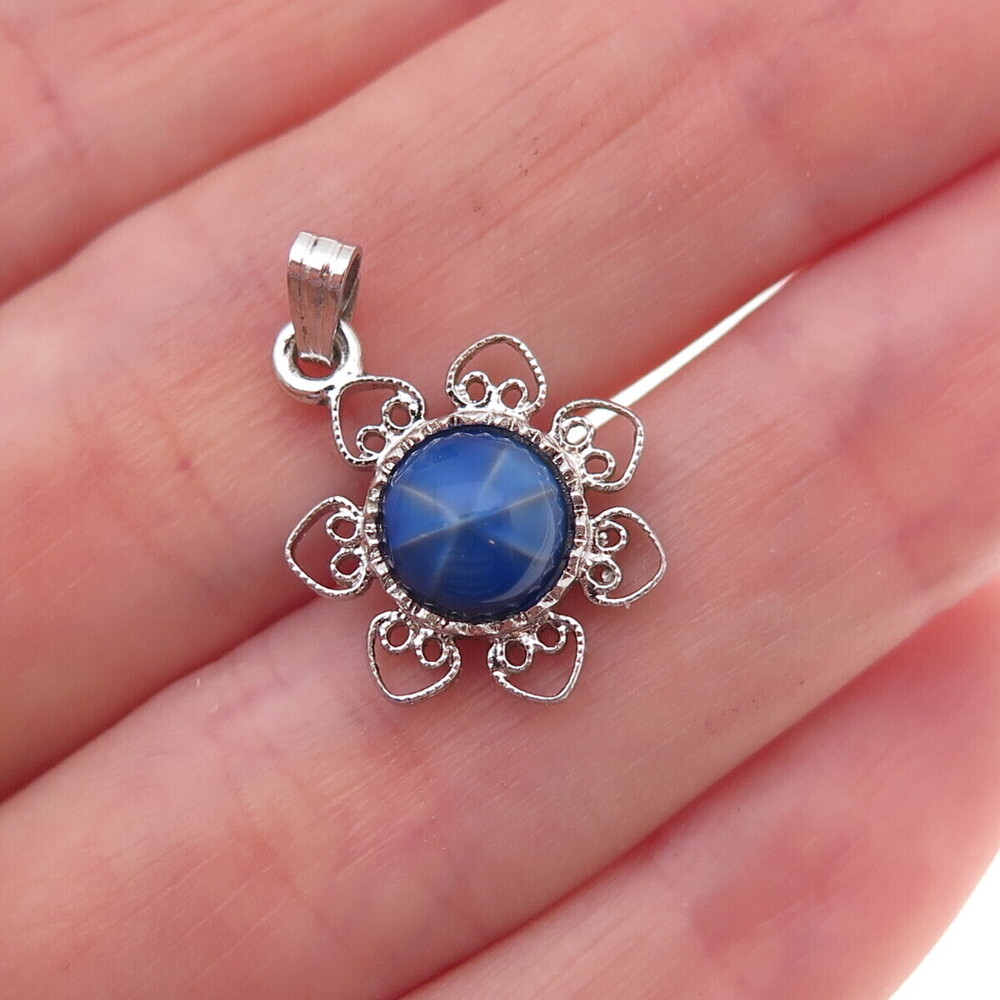 925 Sterling Silver Antique Art Deco Lab-Created Star Sapphire Floral Pendant